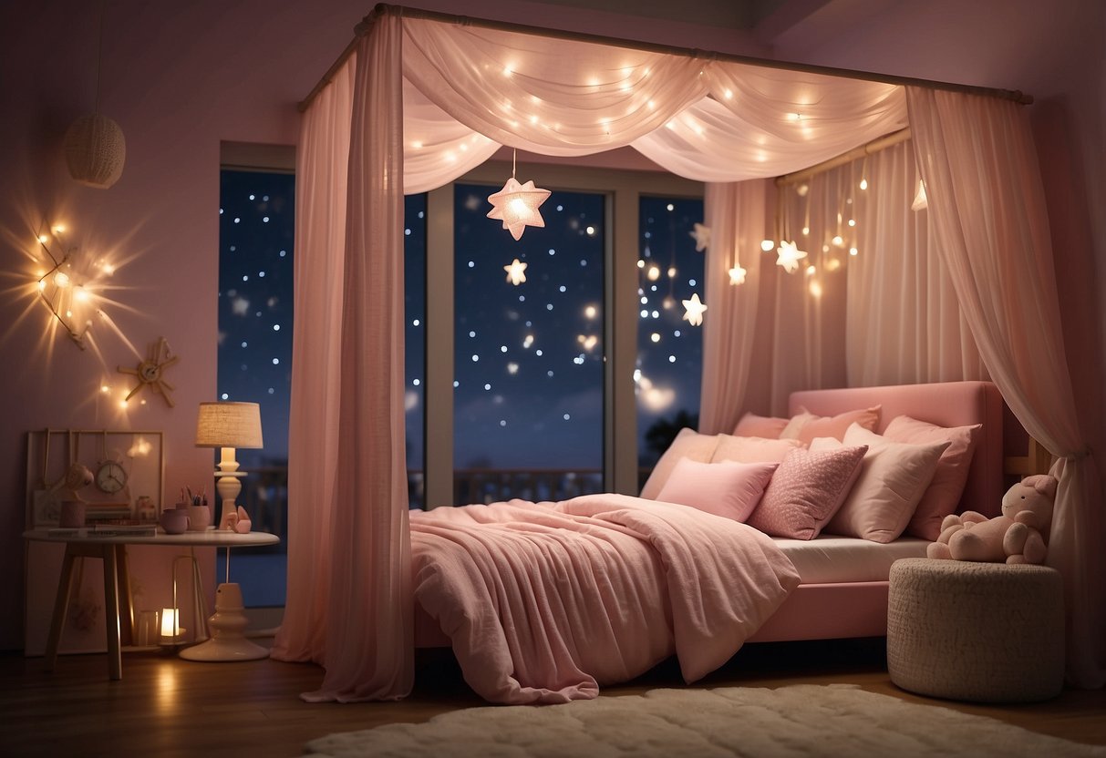 A cozy canopy bed with soft pink curtains, a fluffy rug, and a whimsical night light create a dreamy sleep space for a little girl's room