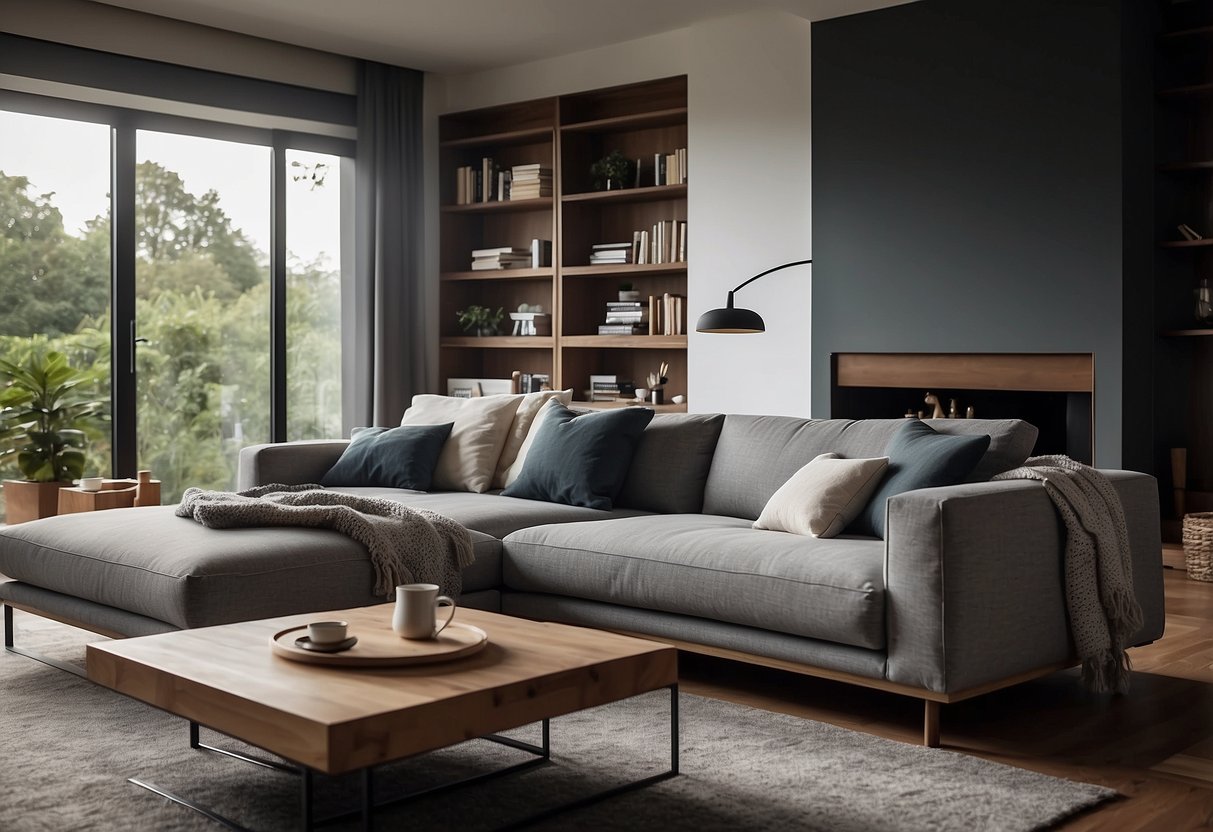 A cozy living room with a sleek sofa that effortlessly transforms into a comfortable bed, showcasing modern and functional design