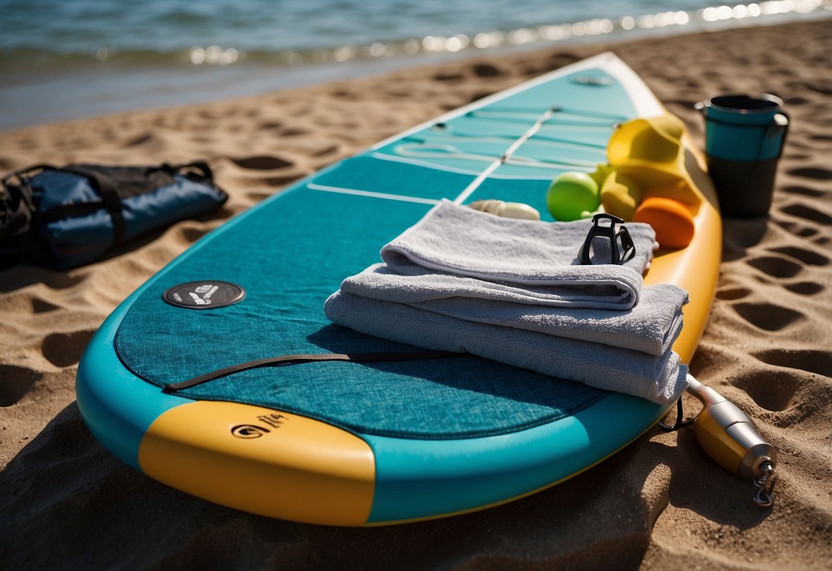 A colorful quick-dry towel lays flat on a stand-up paddleboard, surrounded by other essential gear items like a paddle, life jacket, and water bottle