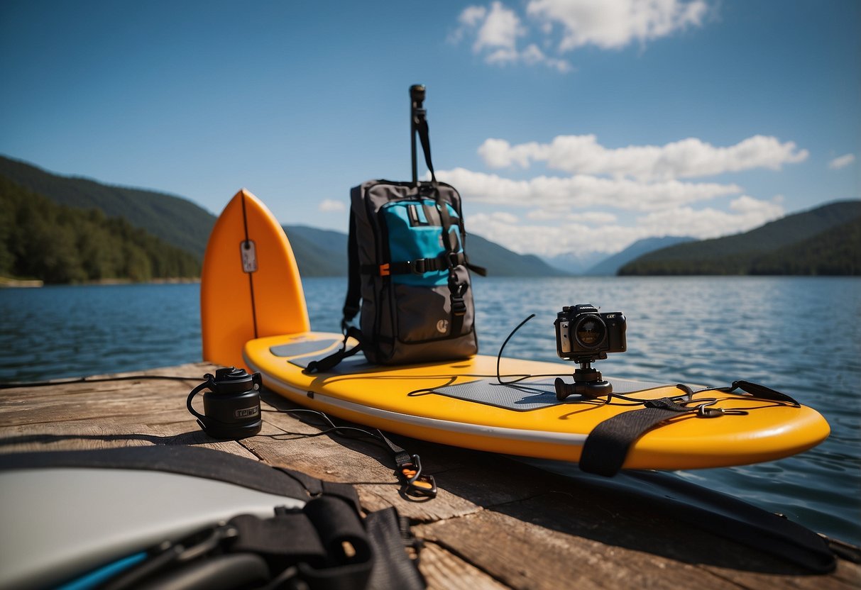 A paddleboard is secured on a roof rack, surrounded by essential gear items such as a paddle, leash, life jacket, and waterproof bag