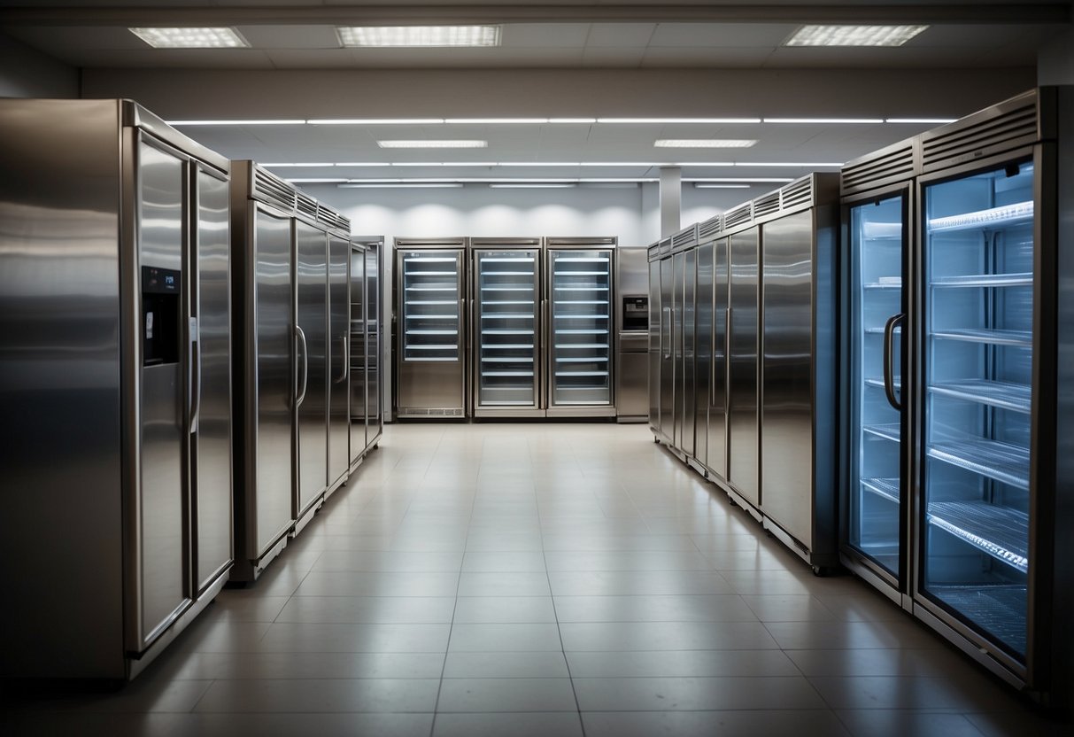 A showroom filled with various fridges, from sleek stainless steel models to retro designs, displayed in organized rows