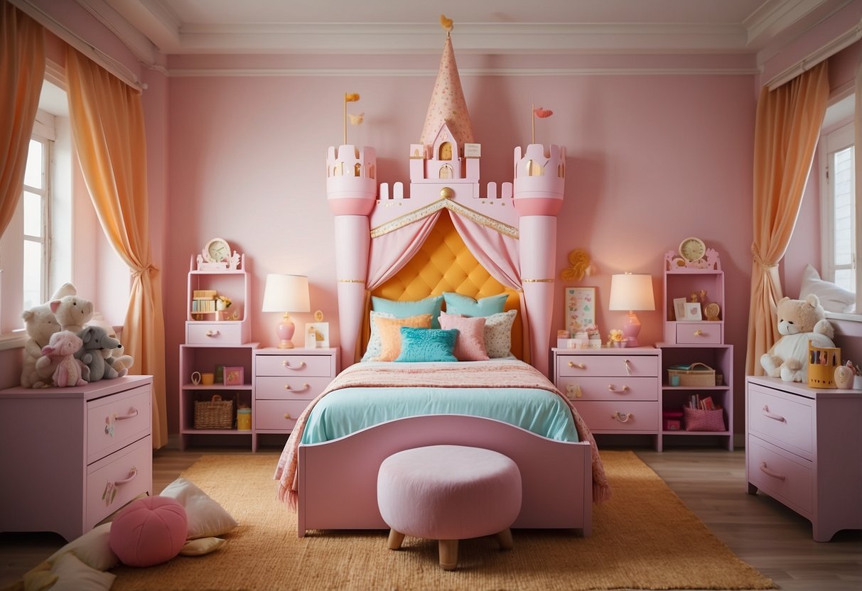 A colorful, whimsical room with a functional desk, vibrant storage bins, and a playful bed shaped like a princess castle