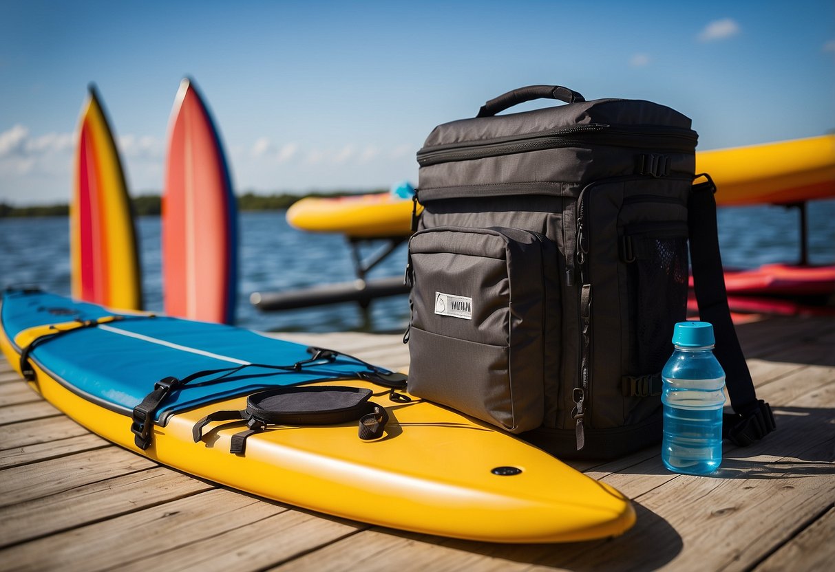 A colorful deck cooler bag sits next to a paddleboard, surrounded by essential gear items such as a life jacket, paddle, sunscreen, and water bottle