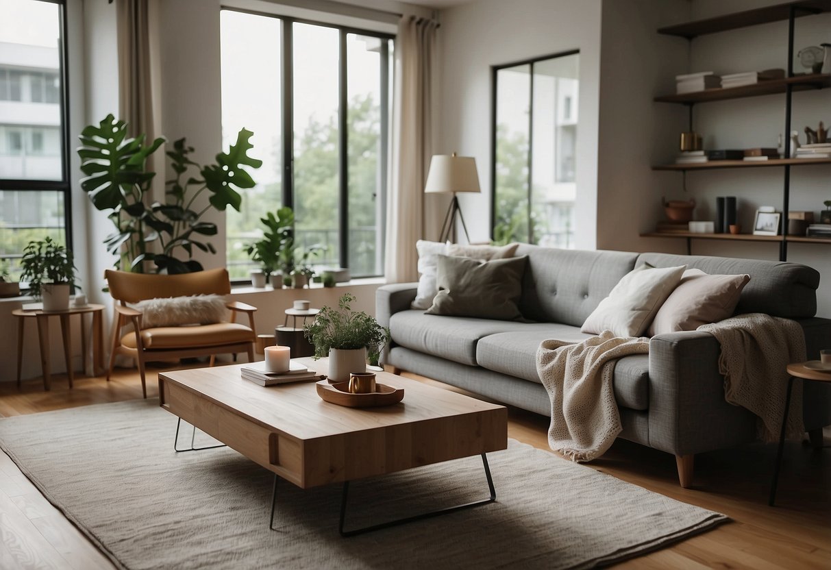 A cozy living room with a stylish sofa that easily transforms into a comfortable bed. The room is well-lit with natural light, and the sofa come bed is the focal point, inviting relaxation and comfort