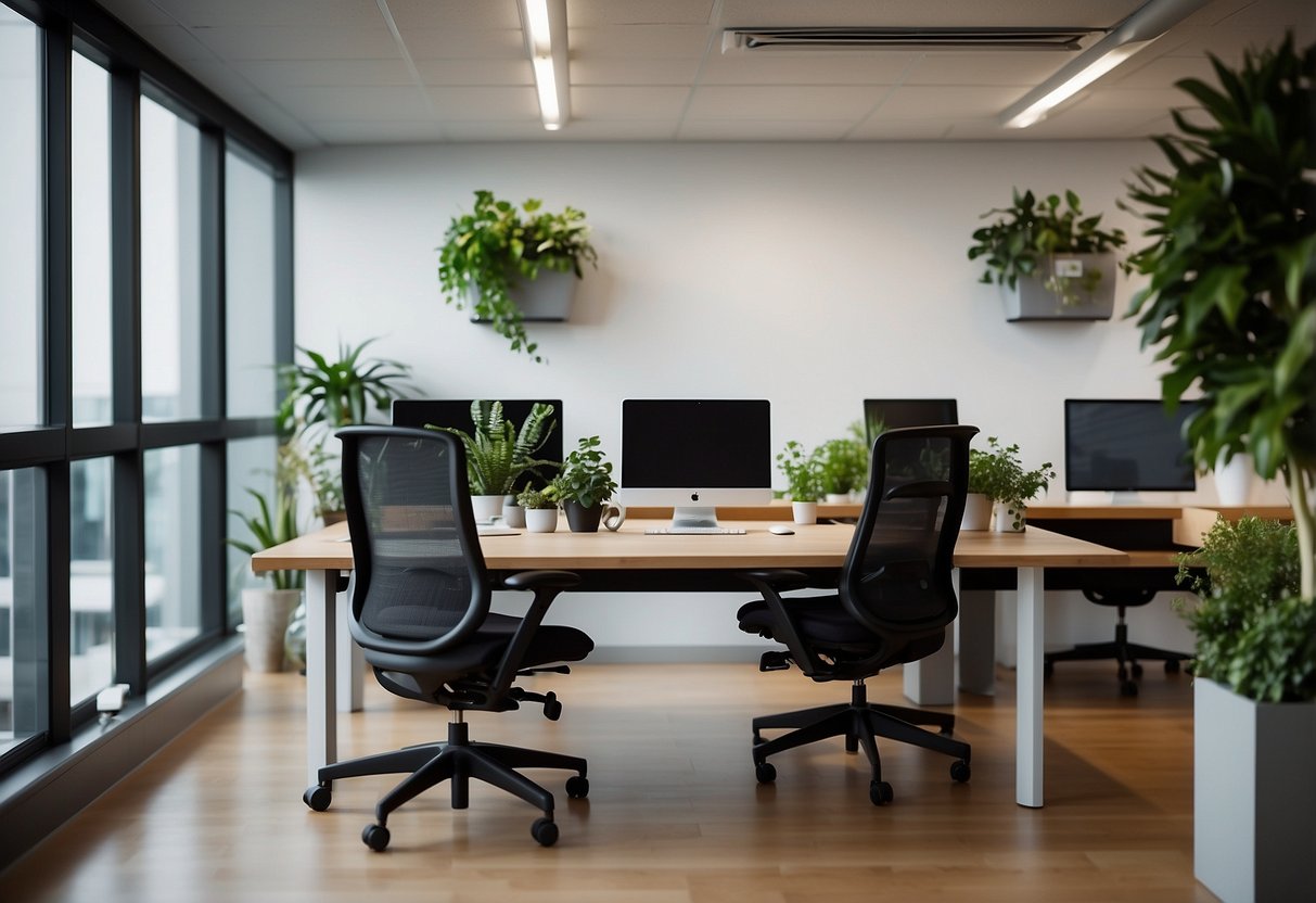 A modern office with ergonomic chairs, adjustable desks, and natural lighting. Plants and artwork add a touch of warmth and comfort to the space