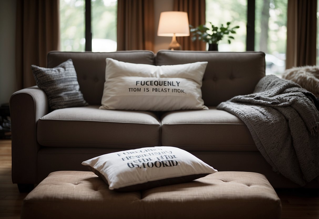 A sofa transforming into a bed, with a stack of pillows and blankets nearby. A sign with "Frequently Asked Questions" is visible