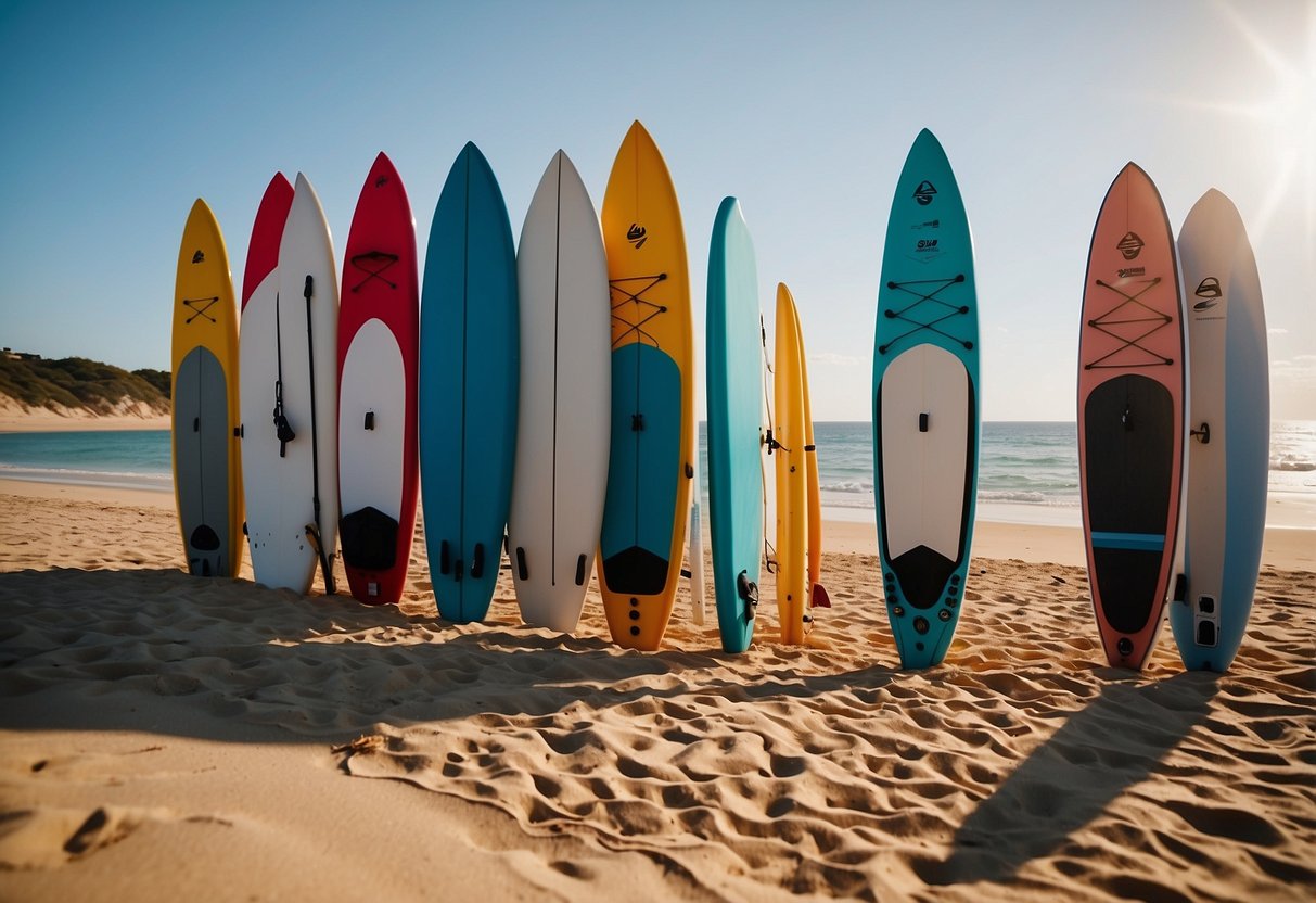 A variety of paddleboard types and essential gear items are laid out on a sandy beach, with the ocean in the background