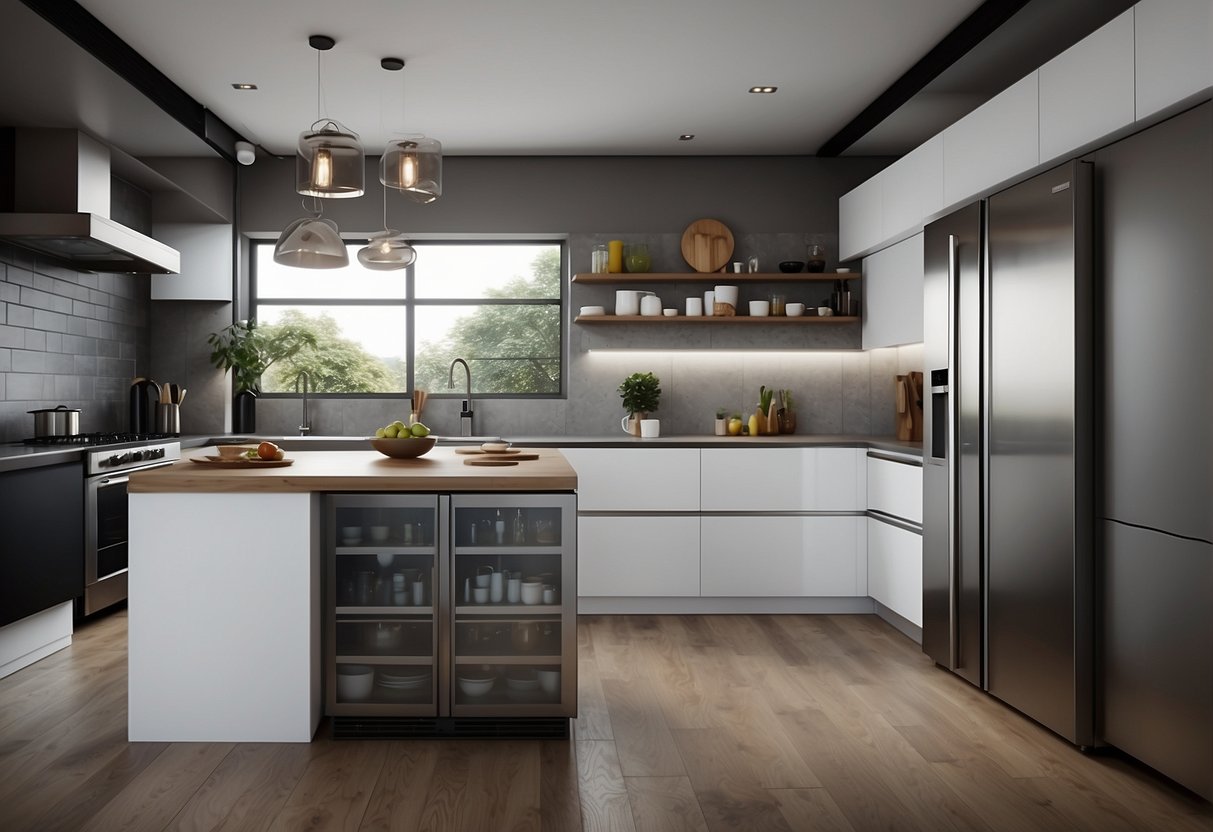 A spacious kitchen with modern appliances and sleek furniture, including stainless steel fridges and minimalist decor
