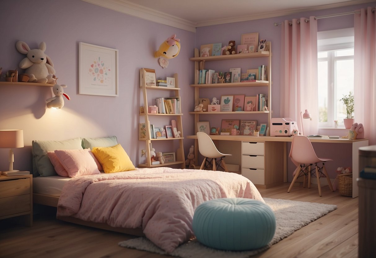 A cozy, pastel-colored bedroom with a small bed, a bookshelf filled with children's books, a play area with toys, and a desk with a chair for a little girl