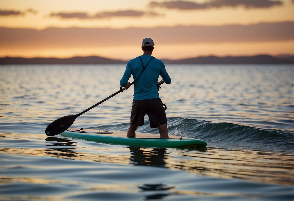 A stand-up paddleboarder glides across calm waters, using a paddle to propel themselves forward. Essential gear items, such as a board, paddle, leash, and personal flotation device, are visible on the board