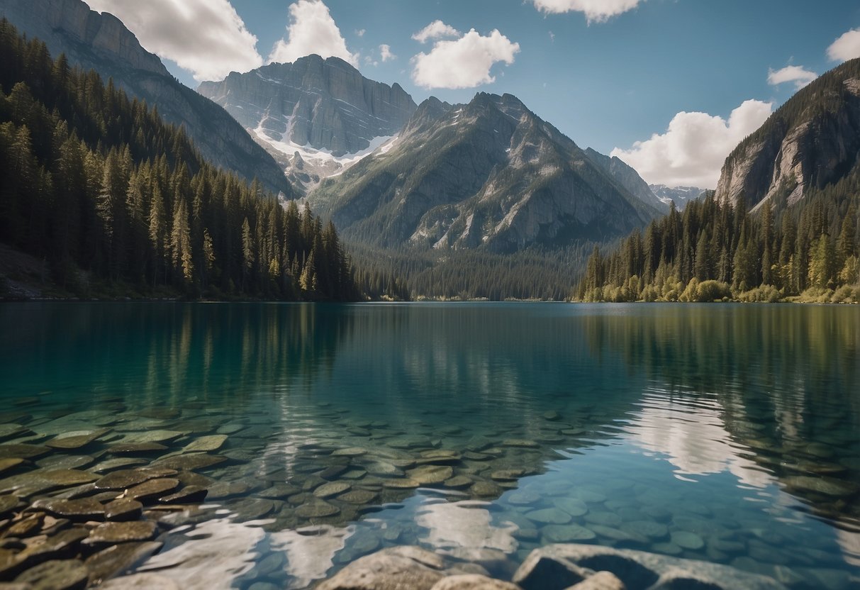 Crystal clear waters reflect towering cliffs in a tranquil lake. Lush greenery surrounds the shore, with a backdrop of snow-capped mountains. A paddleboard glides peacefully across the serene surface