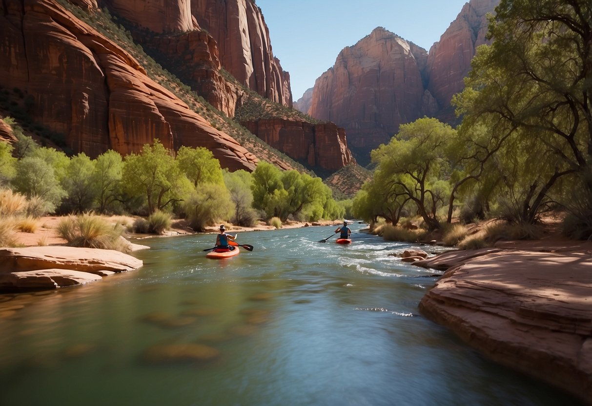 A serene river winds through Zion National Park, surrounded by towering red rock formations. Paddleboarders glide along the tranquil water, soaking in the natural beauty