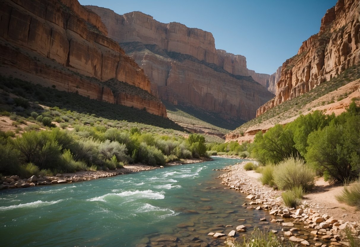 The Tongue River flows calmly through Bighorn Canyon National Recreation Area, surrounded by towering cliffs and lush greenery. Perfect for stand-up paddleboarding