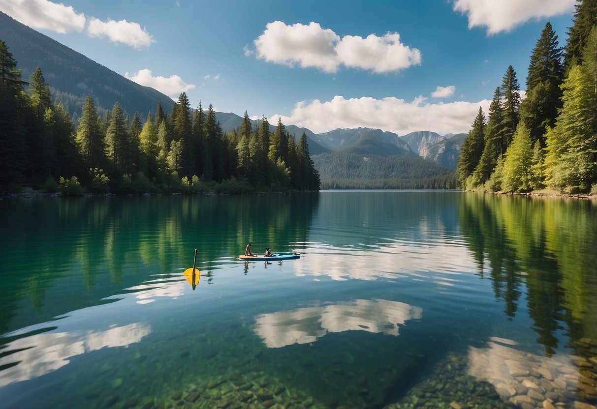 A serene lake surrounded by lush green trees, with a paddleboard resting on the calm water's surface. A distant view of mountains and clear blue skies completes the tranquil scene