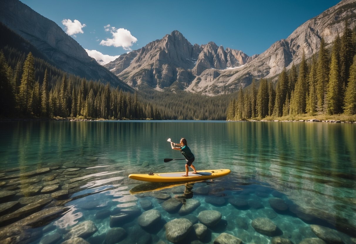 Crystal-clear waters reflect lush greenery, diverse wildlife, and towering mountains. Paddleboarders peacefully navigate through serene national park landscapes, surrounded by untouched natural beauty