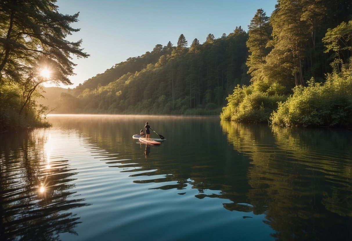 A serene lake surrounded by lush greenery, with a paddleboard resting on the calm water. The sun shines brightly in the clear blue sky, creating the perfect setting for stand-up paddleboarding in the national park