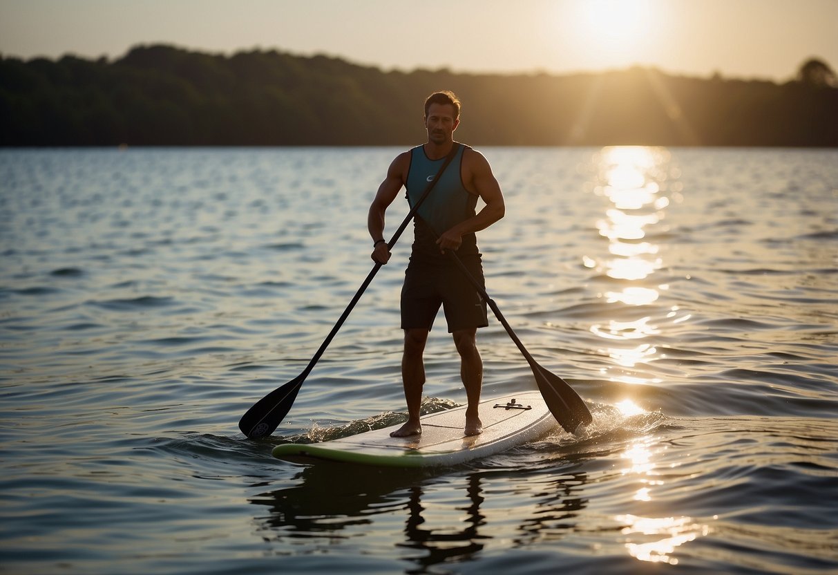 A paddleboarder glides across calm water, using proper stance and paddling technique. The sun glistens on the surface as the board cuts through the water with ease