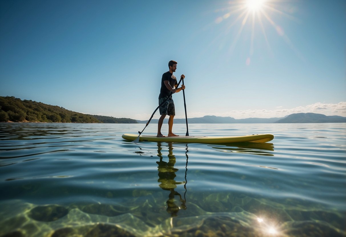 A paddleboard glides over calm water with ripples and small waves. A distant shoreline and clear blue sky create a serene atmosphere