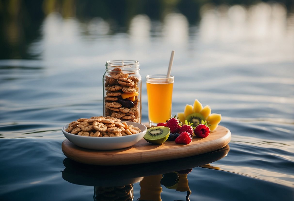 A paddleboard sits on calm waters, surrounded by a variety of delicious snacks like fresh fruit, granola bars, and nuts neatly packed in waterproof containers