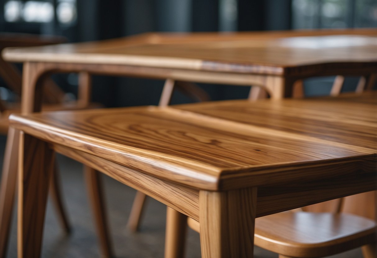A split image of high-quality rubber wood furniture next to low-quality rubber wood furniture, showing the difference in craftsmanship and durability