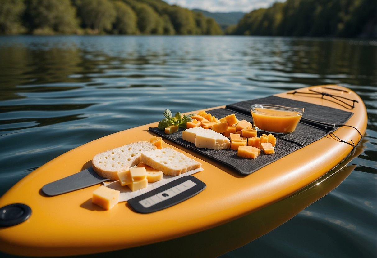 A paddleboard floating on calm waters, with a picnic basket filled with Cheddar Cheese Combos snacks, surrounded by a serene natural landscape