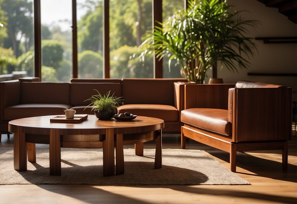 Rich teak & mahogany furniture arranged in a sunlit room, casting warm, inviting shadows