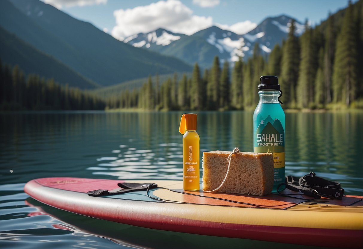 A paddleboard sits on calm waters with a bag of Sahale Snacks Glazed Mixes placed next to it, surrounded by the beautiful scenery of nature