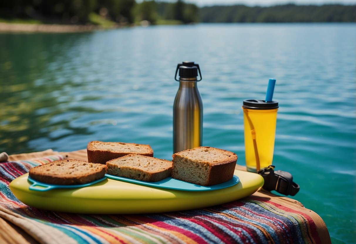 A paddleboard rests on a calm, turquoise lake shore. A variety of Larabar Banana Bread snacks are neatly arranged on a colorful picnic blanket beside a backpack and water bottle