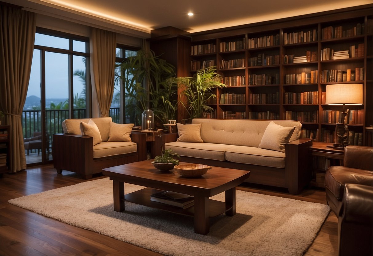 A cozy living room with teak and mahogany furniture, warm lighting, and a bookshelf filled with classic novels