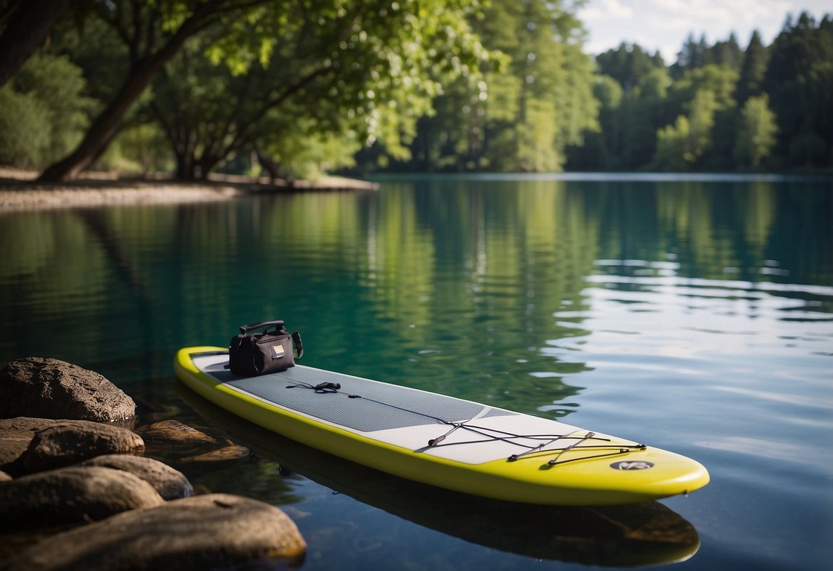 A paddleboard sits on calm water, surrounded by lush green trees. A bag of Blue Diamond Almonds rests on the board, ready for a delicious snack