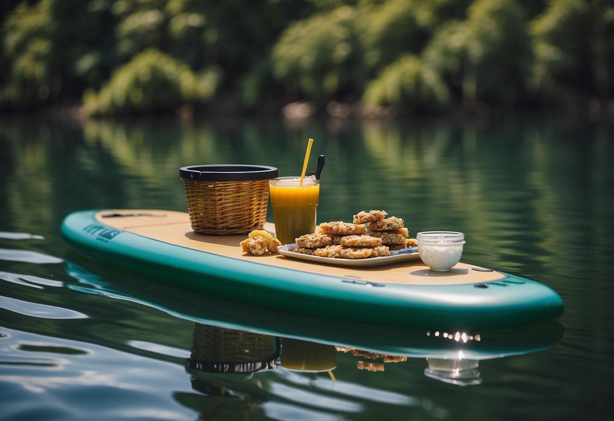 A paddleboard floats on calm water, surrounded by lush green trees. A picnic basket sits open, filled with Quaker Chewy Granola Bars and other snacks, ready for a relaxing day on the water