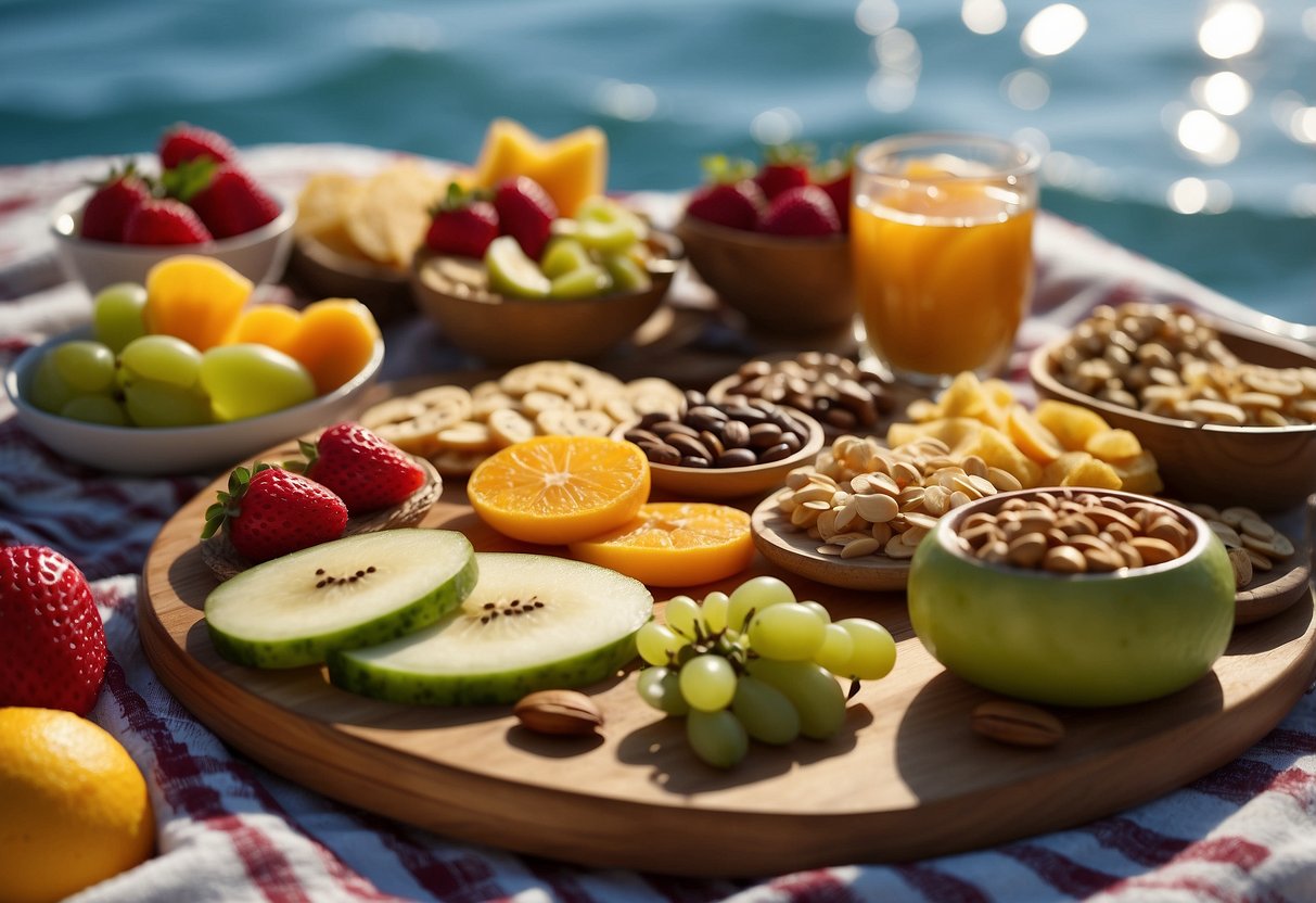 A paddleboard with 10 different snacks arranged neatly on a picnic blanket by the water's edge. The snacks are varied in portion sizes, from small to large, and include fruits, nuts, and sandwiches