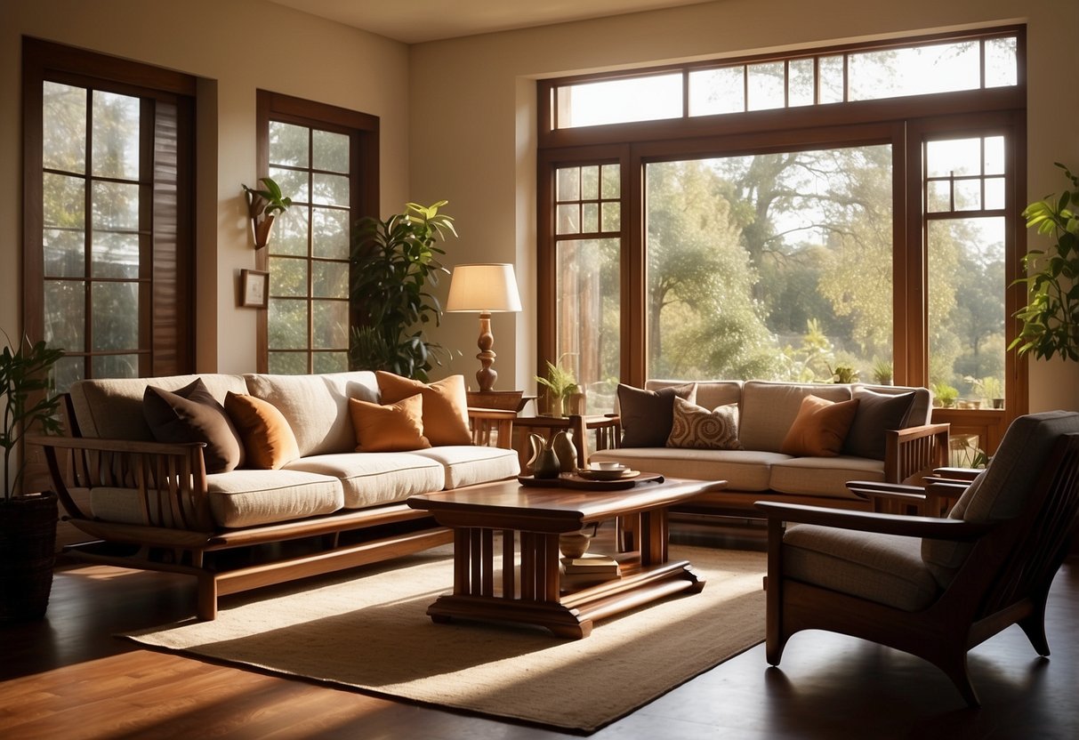 A cozy living room with teak and mahogany furniture arranged neatly, with soft cushions and throws for comfort. Sunlight streams through the windows, casting a warm glow on the elegant wood surfaces