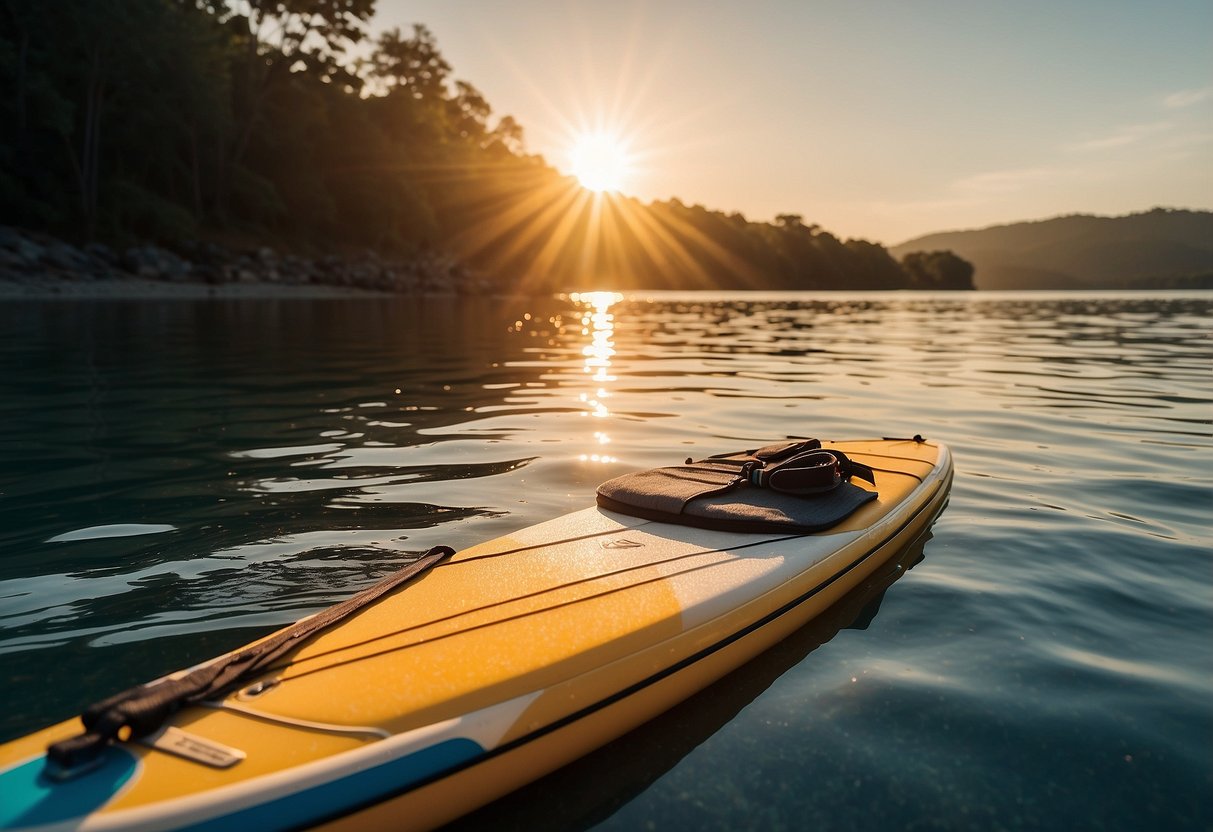 A paddleboard floats on calm water near a shoreline. A life jacket and leash are visible on the board. The sun shines overhead, casting a warm glow on the scene