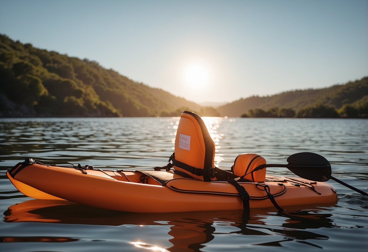 A bright orange life jacket floats on calm water, surrounded by a paddleboard and safety equipment. The sun shines overhead, casting a warm glow on the scene