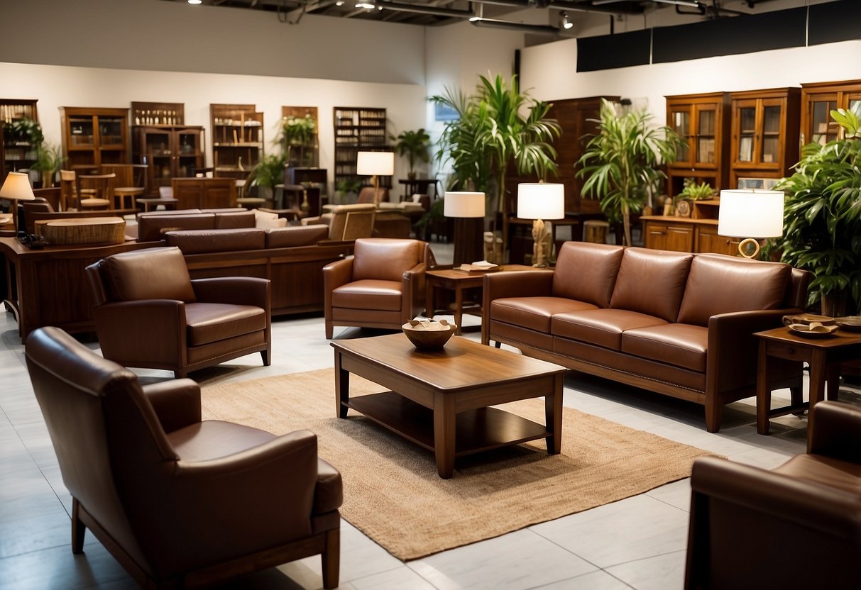 A showroom filled with teak and mahogany furniture, with customers browsing and asking questions to the attentive staff