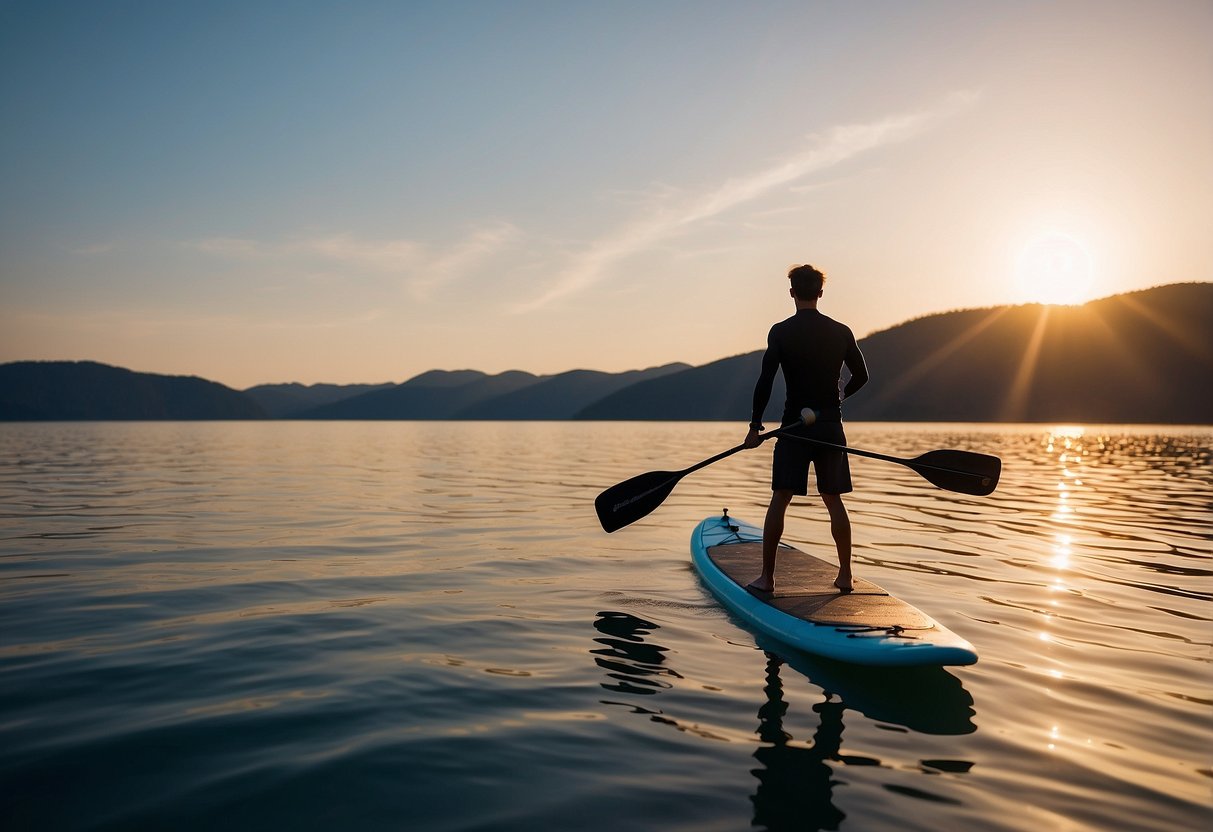 A paddleboarder carries a whistle on a calm, blue lake. The sun sets in the background as the figure paddles alone