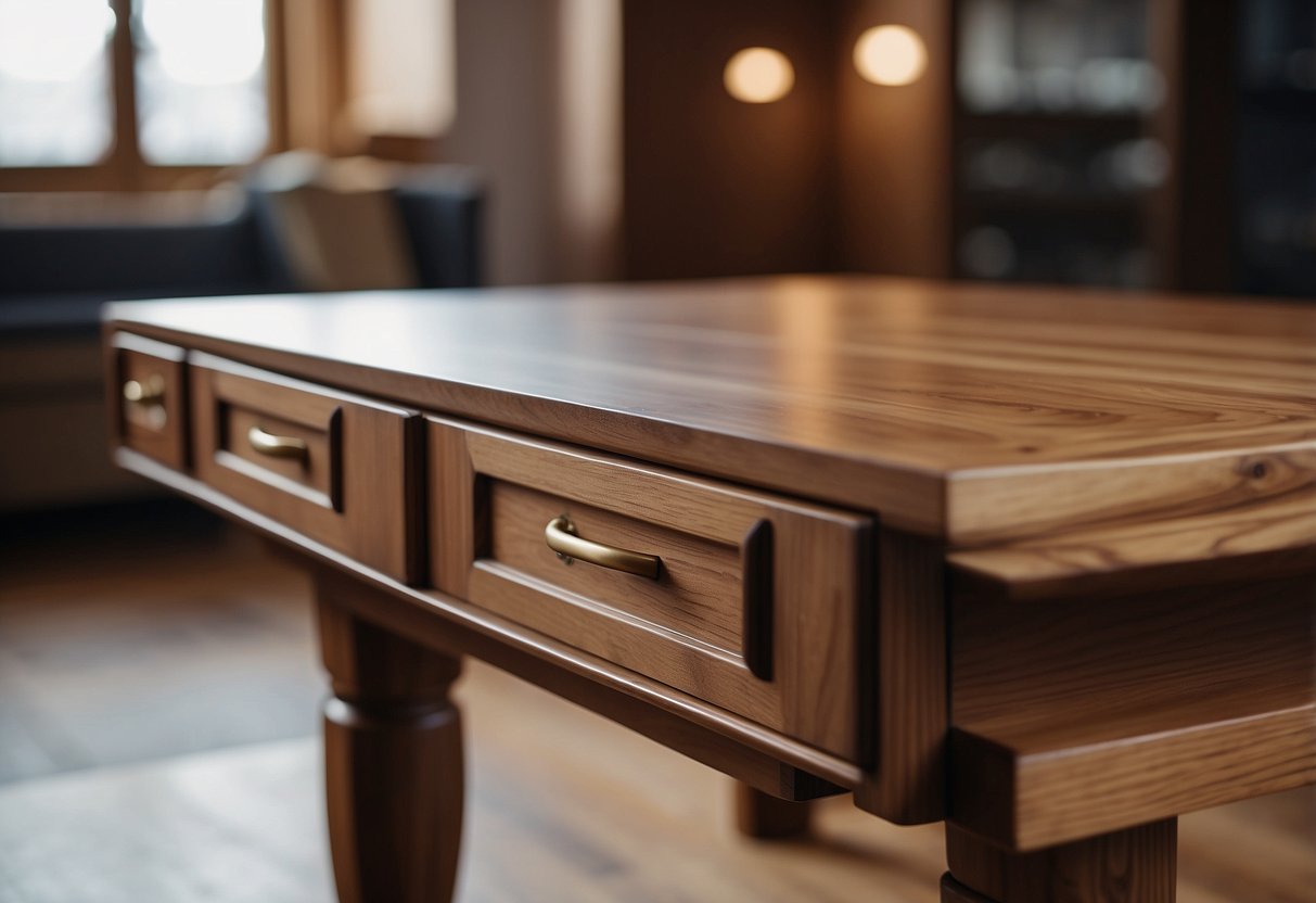 A table leg is joined to the tabletop with a mortise and tenon joint, while a dresser drawer is fitted with a dovetail joint