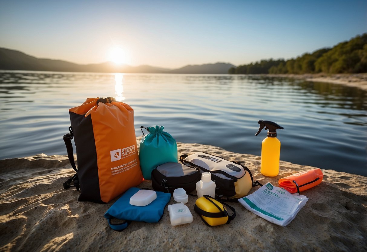 A dry bag is filled with essentials for solo paddleboarding. Items include a first aid kit, water, sunscreen, and a whistle. The bag is securely fastened and ready for the adventure