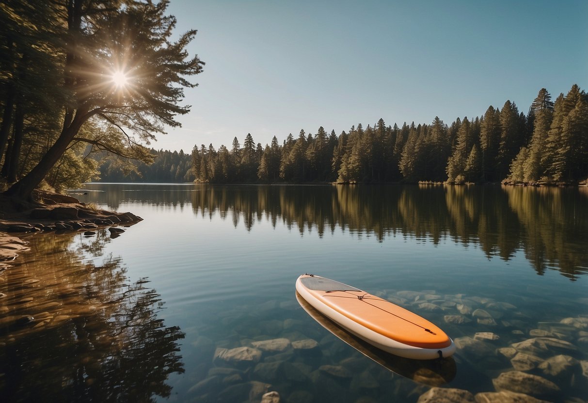 A calm lake with a paddleboard, surrounded by trees and clear skies. No alcohol in sight. Safety gear nearby