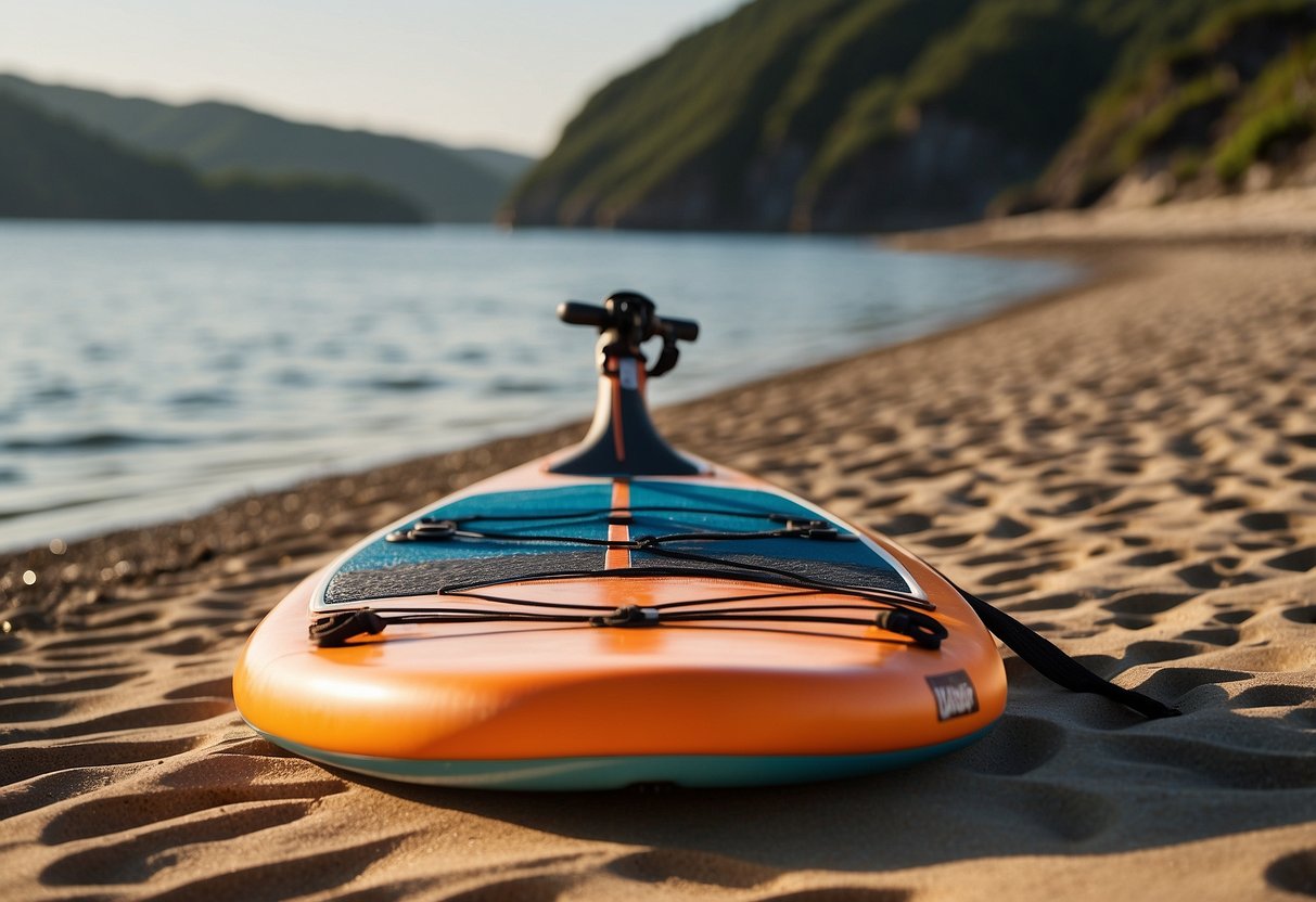 A paddleboard and paddle lay on a calm beach. A life jacket and leash sit nearby. The sun shines overhead as a gentle breeze ripples the water