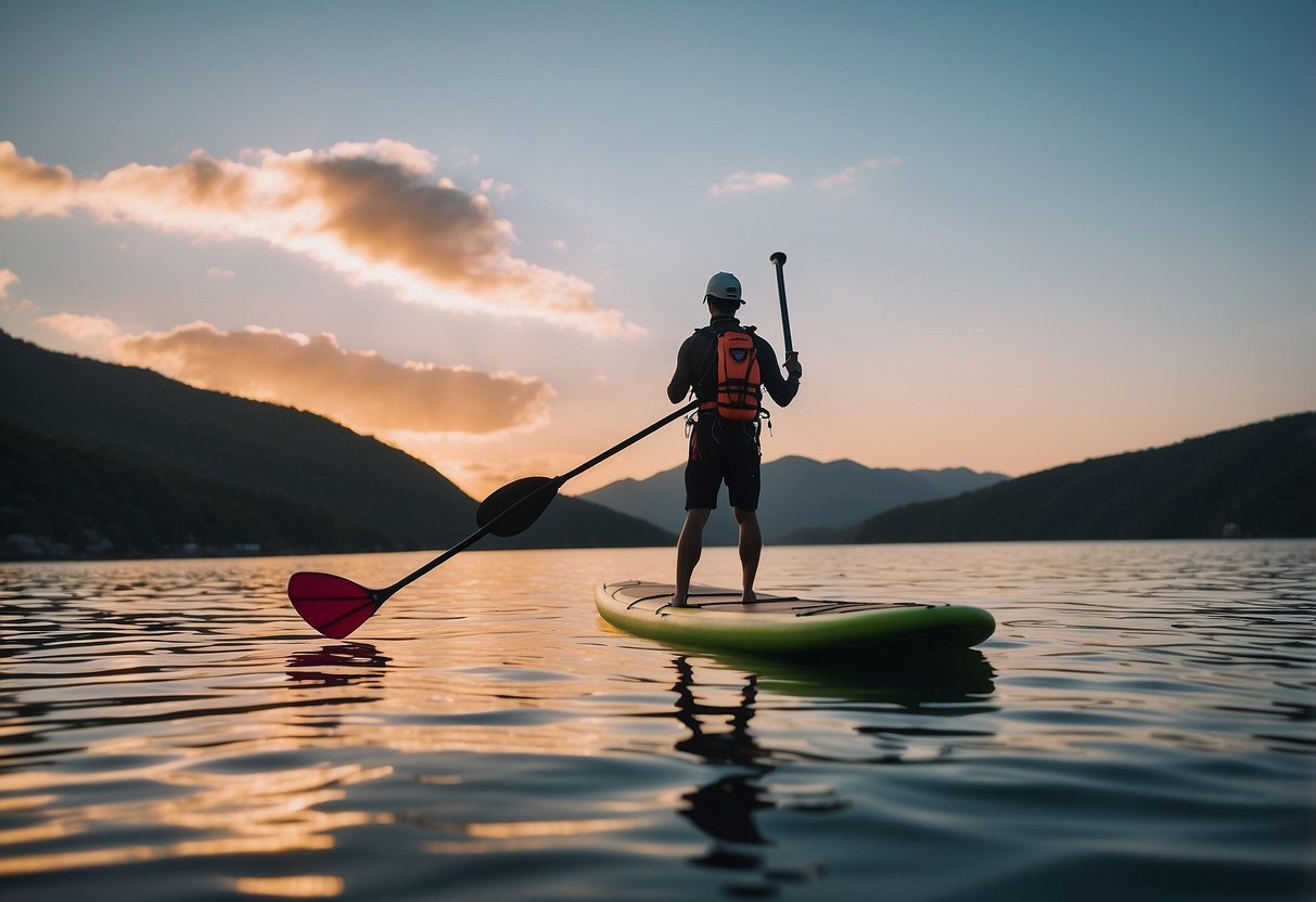 A paddleboard floats on calm water, surrounded by safety gear like a life jacket and whistle. A checklist of safety tips is displayed nearby