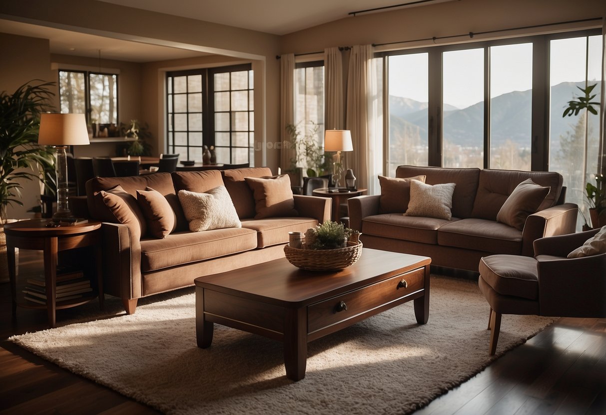 A cozy living room with rosewood color furniture, warm lighting, and a plush rug