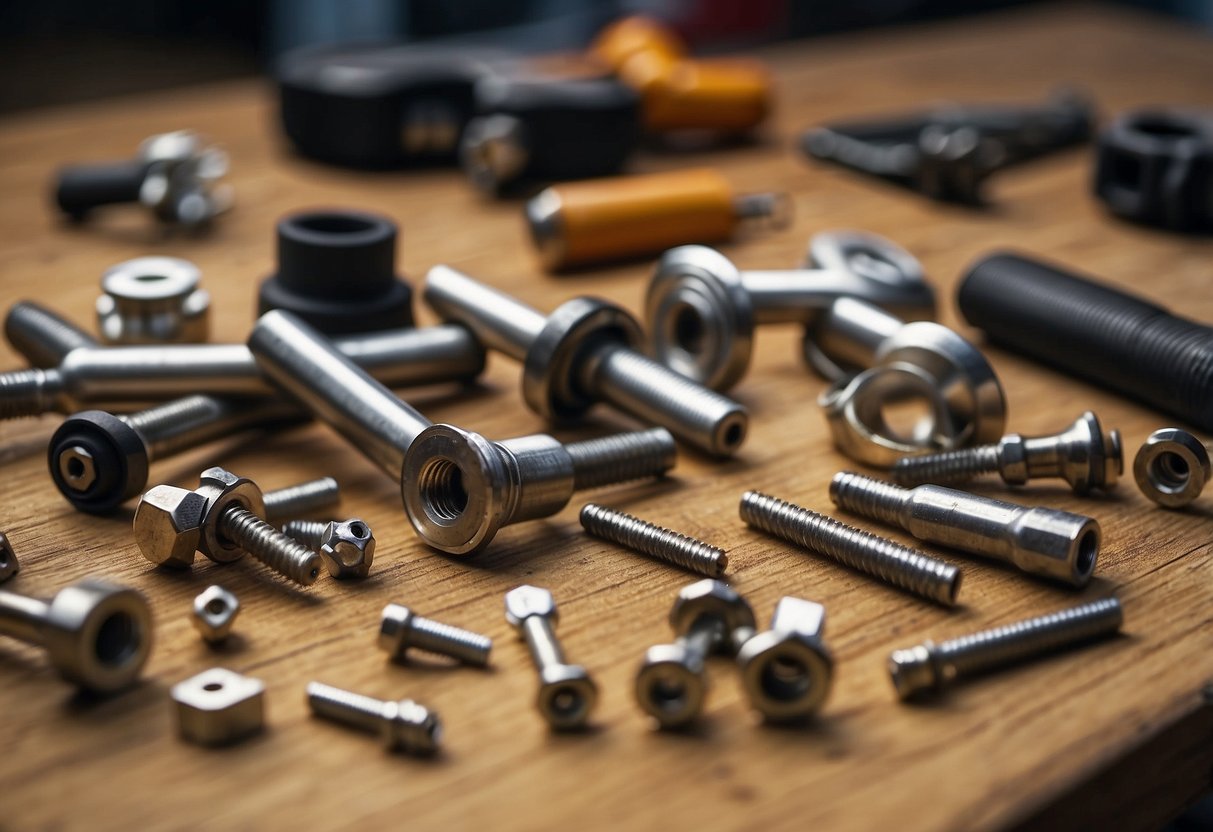 Various furniture joints and fittings scattered on a workbench, including screws, bolts, and brackets. Tools like screwdrivers and drills are also present