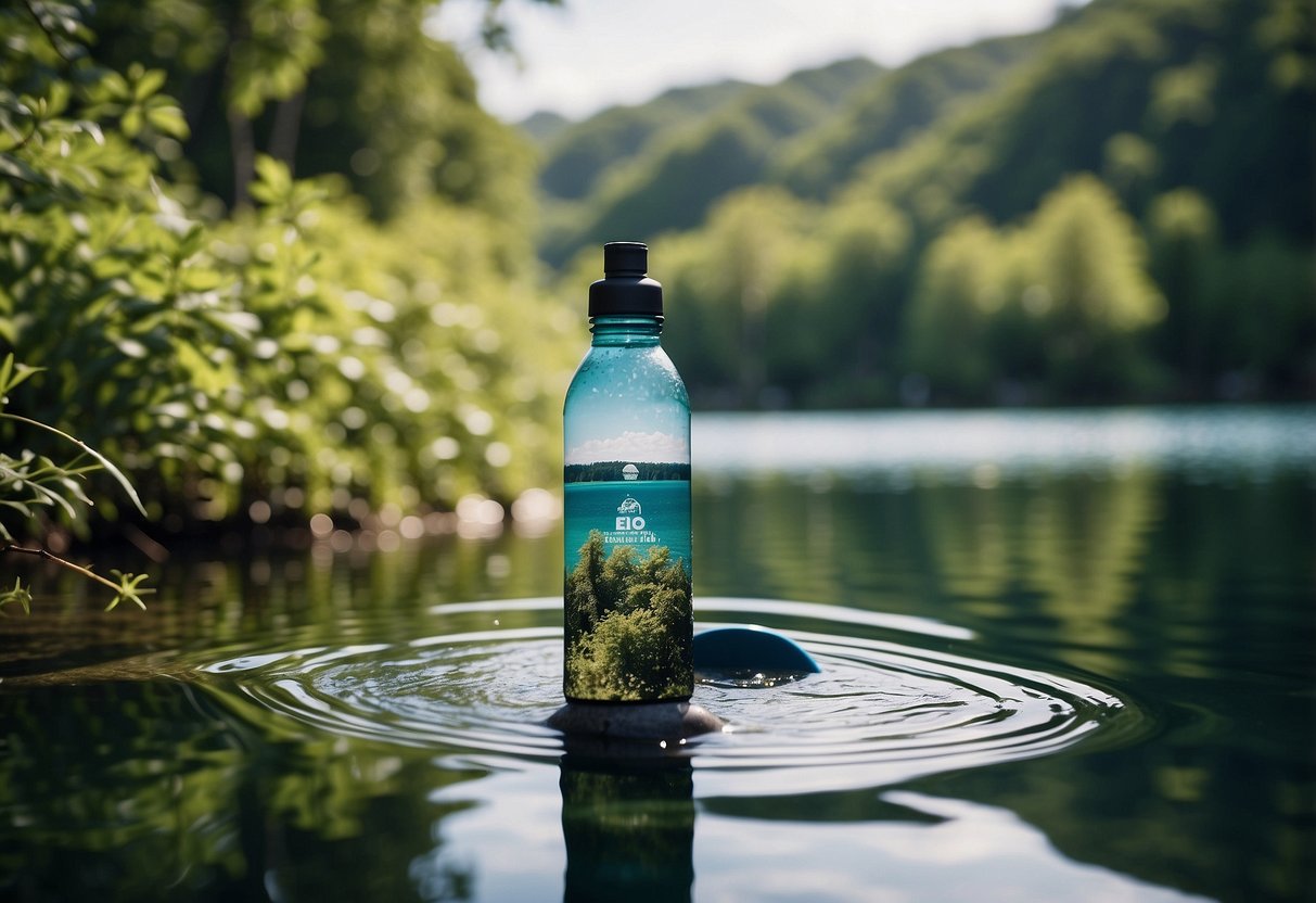 A serene lake with a paddleboarder surrounded by lush greenery, using a reusable water bottle, picking up any trash they come across, and using eco-friendly sunscreen