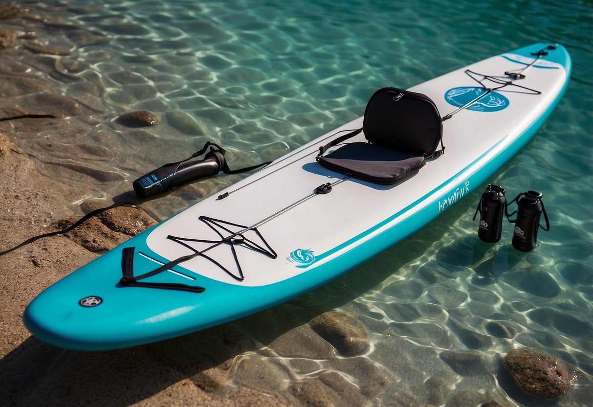 A paddle board made from sustainable materials glides across the clear, blue water. Surrounding the board are various eco-friendly items such as reusable water bottles, biodegradable sunscreen, and a mesh bag for collecting trash