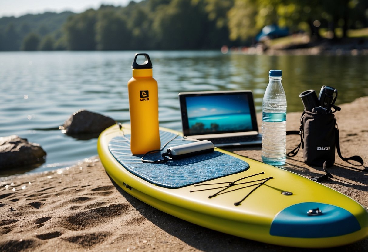 A paddleboard with a reusable water bottle, surrounded by eco-friendly items like a biodegradable sunscreen, a mesh bag for collecting trash, and a solar-powered phone charger