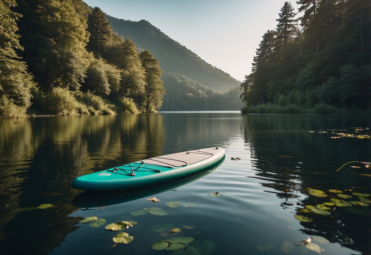 A serene lake surrounded by lush greenery, with a paddleboard floating peacefully on the water. Nearby, a recycling bin and reusable water bottles sit on the shore, emphasizing the eco-friendly nature of the activity