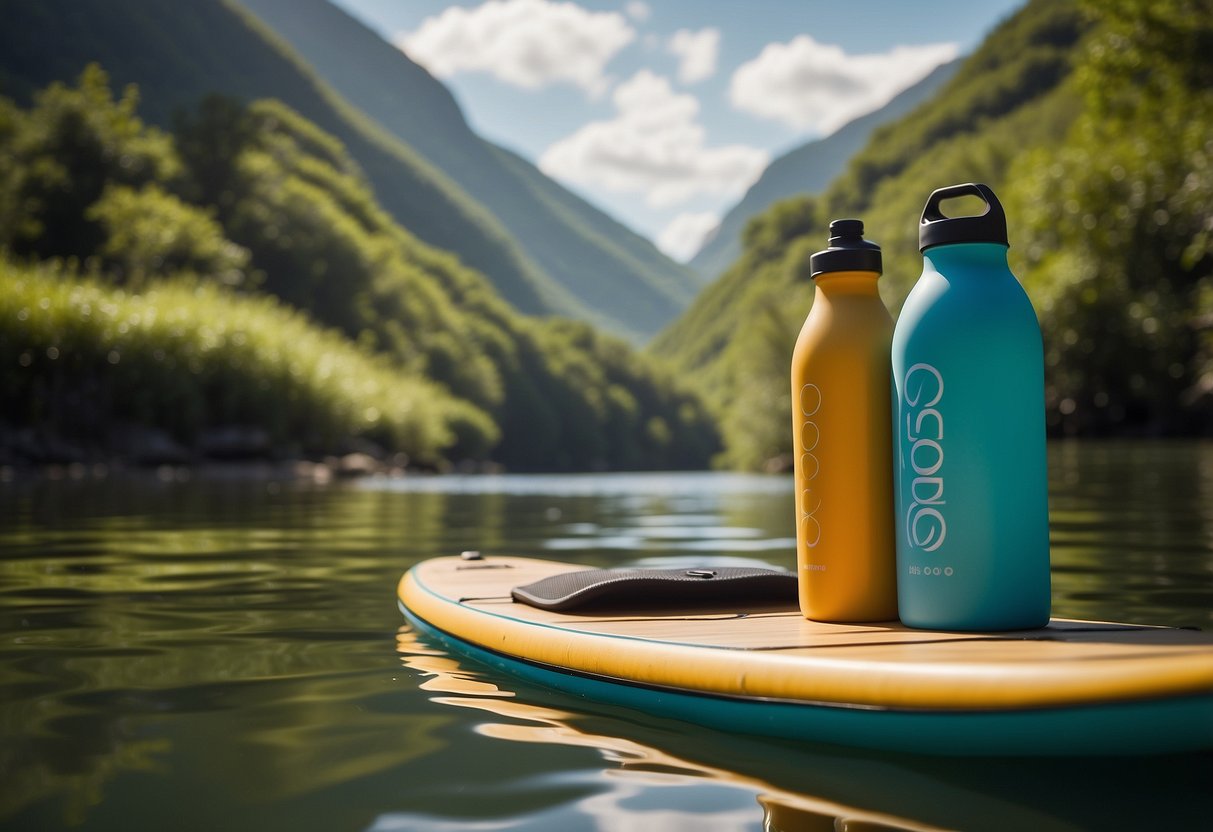 A paddleboarder selects eco-friendly gear: bamboo paddle, recycled board, reusable water bottle, biodegradable sunscreen, and sustainable swimwear