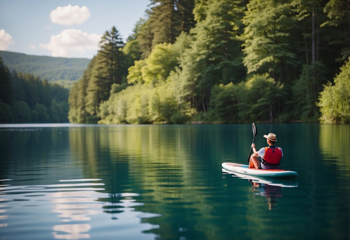 A calm lake with clear blue water, surrounded by lush green trees. A beginner-friendly paddleboard floating on the water, with a paddle resting on top